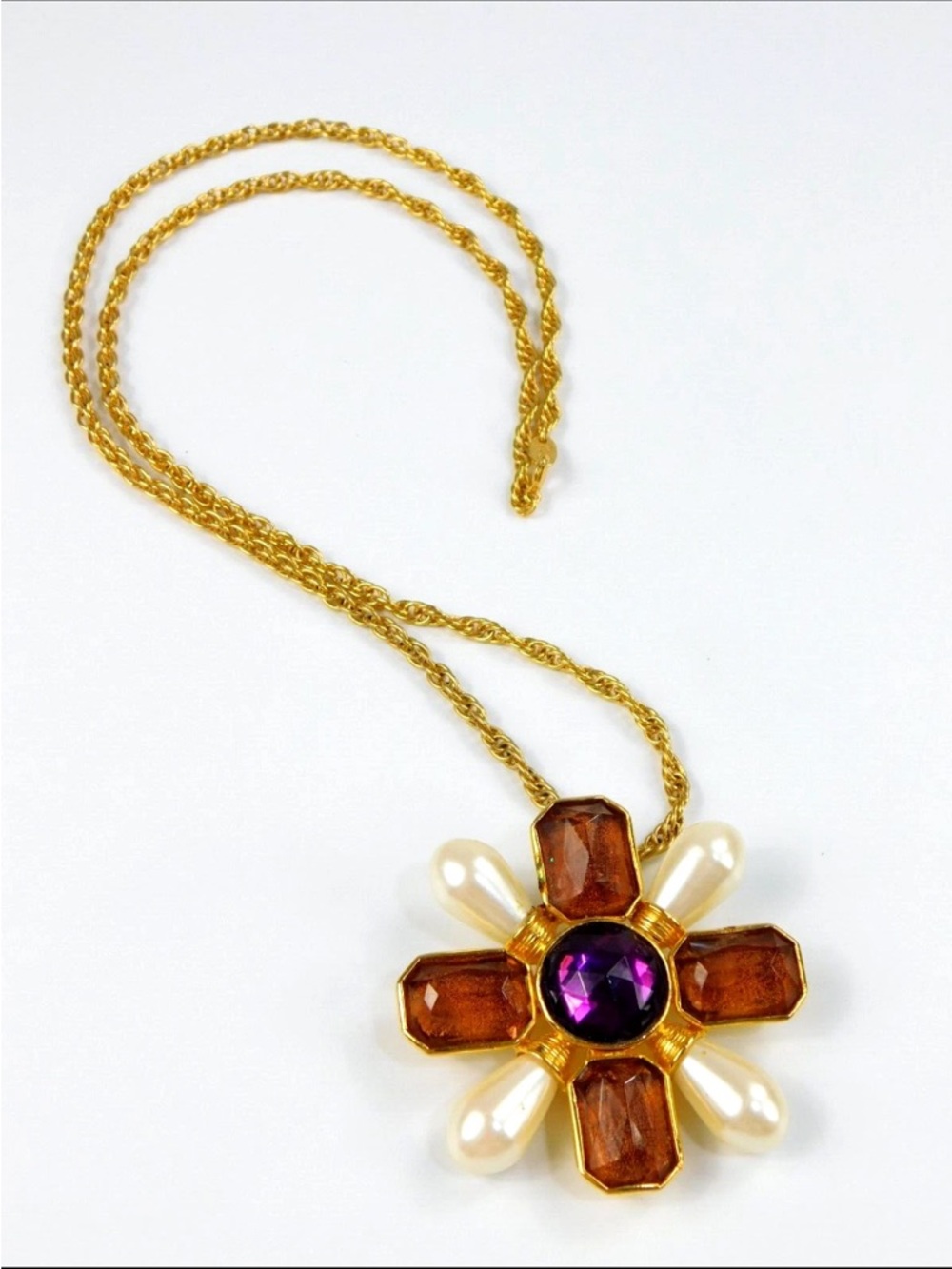 Gold-Tone Floral Pendant Necklace with Purple Center and Pearl Accents #051